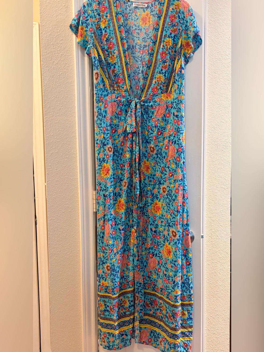 Floral Wrap Maxi Dress in Turquoise - Women's Summer Maxi - Picture 9 of 12